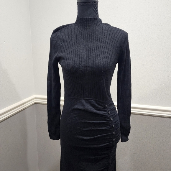 🔥 Sandro-Paris Ruched Wool Blend Midi Leg Slit Long Sleeve Sweater Dress - Picture 4 of 15